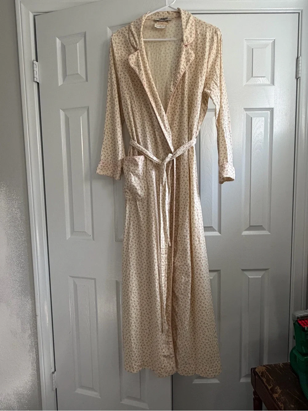 Vintage Floral Wool Cotton Long Robe Light Beige Pink with Belt Ditsy Sz S
